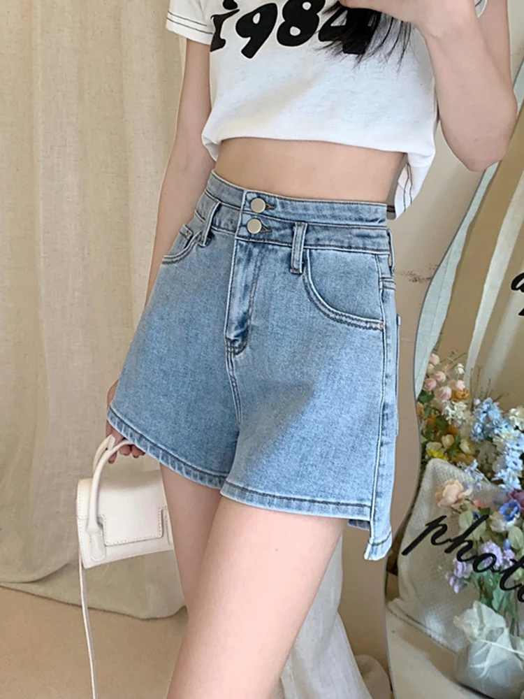 New Streetwear Female Wide Leg Asymmetrical High Waist Blue Denim Shorts Summer Women Loose Button Jeans Shorts