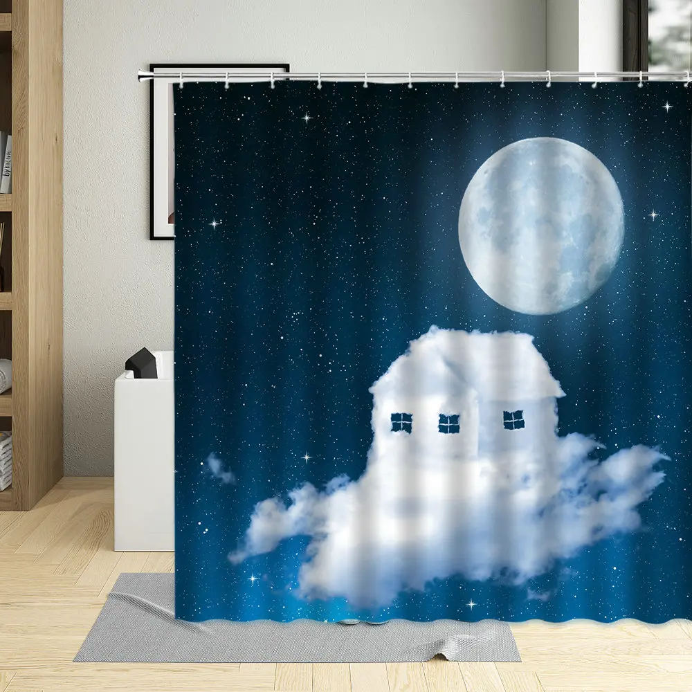 

Занавеска для душа с изображением ночного звездного неба, облака, луна, фантазия, декор для ванной комнаты, водонепроницаемые тканевые Висячие шторы для девочек с крючками