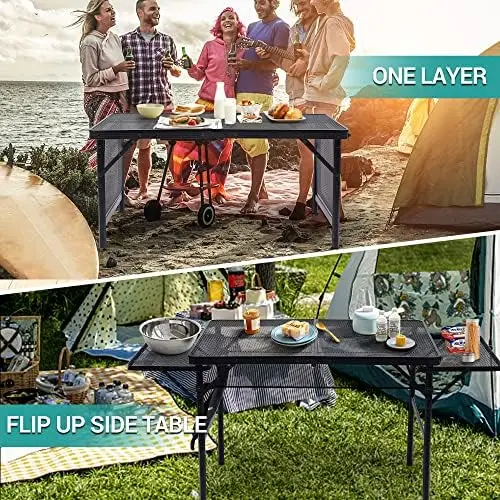 

Table, Folding Camping Table, Card Table Adjustable Height & Width, Mesh Bag, Side-Pocket Lightweight, Carry Handle for Outd