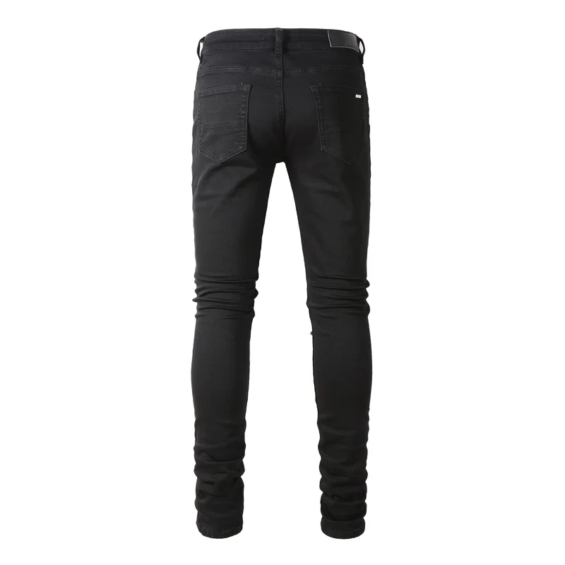 Street Fashion Men Jeans Black Color Elastic Stretch Slim Fit Ripped Jeans Men Leather Patch Designer Hip Hop Brand Pants Hombre