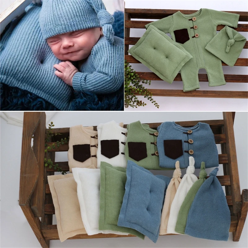 3Pcs/Set Baby Photography Props Outfits Boy Girl Stretch Elf Knot Sleepy Hat Bodysuit Pillow Accessories Jumpsuit Pajama Costume