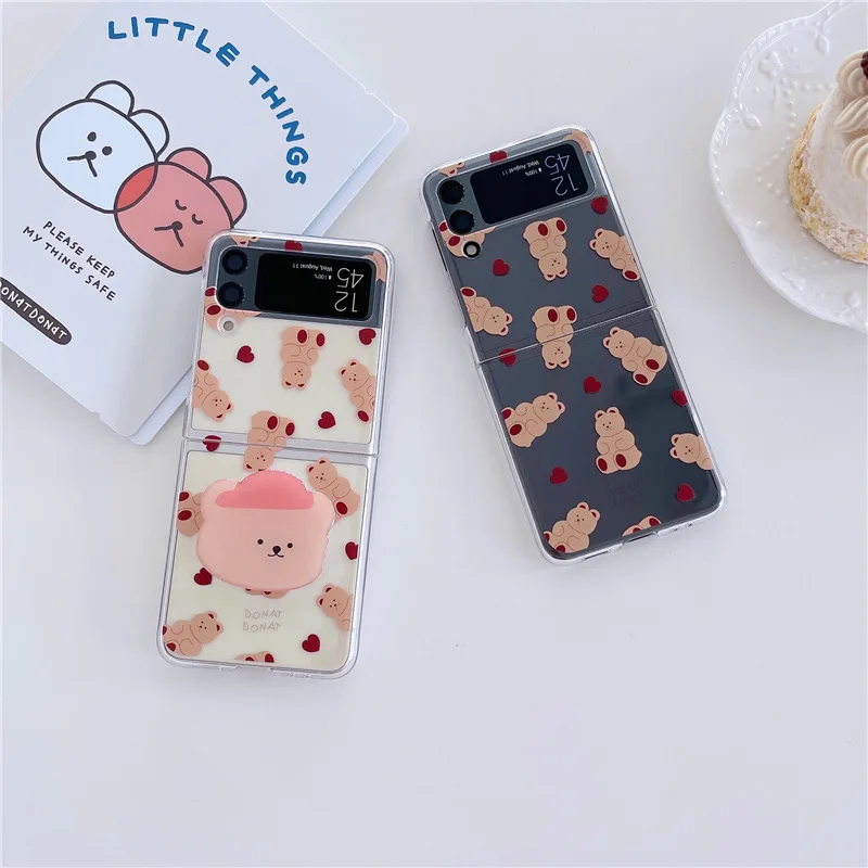 

Cartoon Sitting Bear Phone Case with Holder for Samsung Galaxy Z Flip 4 3 Hard Cover for ZFlip3 Zflip4 Solid Shell Bracket