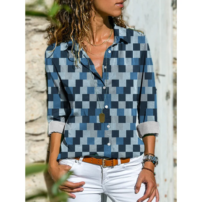 

Женская винтажная рубашка в клетку, Повседневная Блузка с отложным воротником и длинным рукавом, на пуговицах, большие размеры, весна-осень ...
