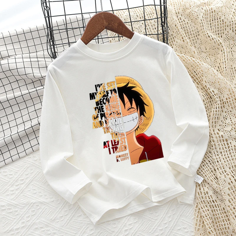 Фото Детская футболка One Piece с длинными рукавами, модная детская одежда в стиле хип-хоп, хлопковая футболка с круглым вырезом для малышей, летняя одежда с героями мультфильмов и аниме для малышей №2