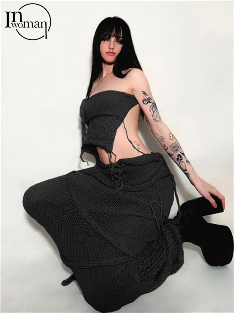 

Inwoman Sexy Pink Knitted 2 Two Piece Skirt Set Casual Party For Women 2023 Summer Bodycon Backless Gray Crop Maxi Skirt Sets