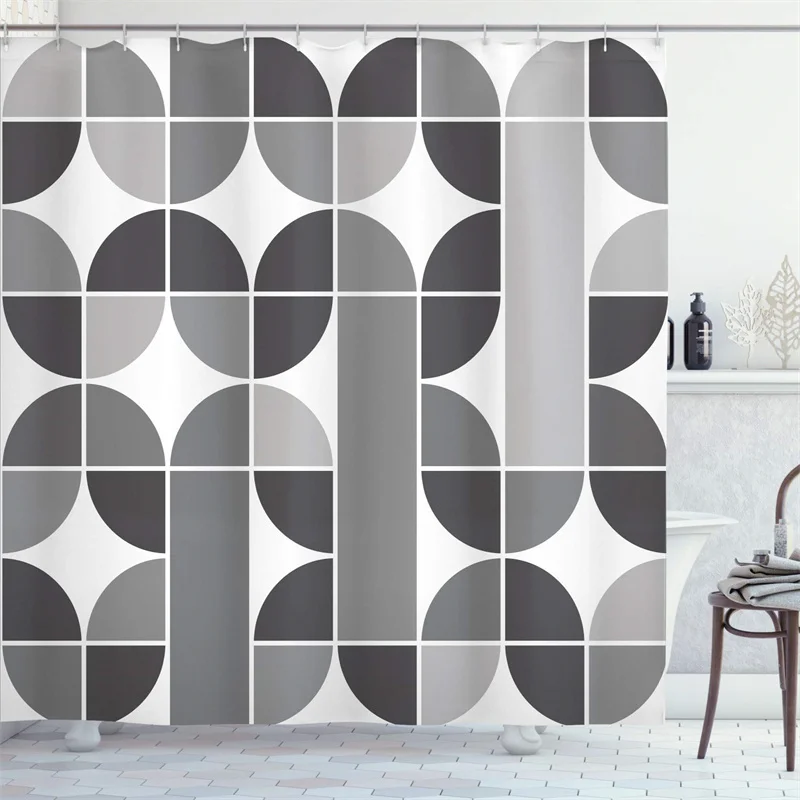 

Retro Grey Shower Curtain Liner Waterproof Geometric Forms Mosaic Style Graphic Fabric Shower Curtain For Bathroom Decorative