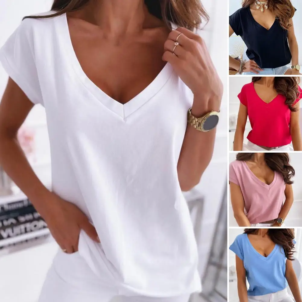 

Women Tops Summer T-shirt V-Neck Short Sleeve Breathable Simple T-shirt Women Solid Color Pullover Top Female Streetwear
