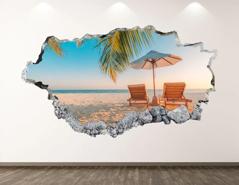 

Beach Wall Decal - Shore View Couple 3D Smashed Wall Art Sticker Kids Room Decor Vinyl Home Poster Custom Gift KD133