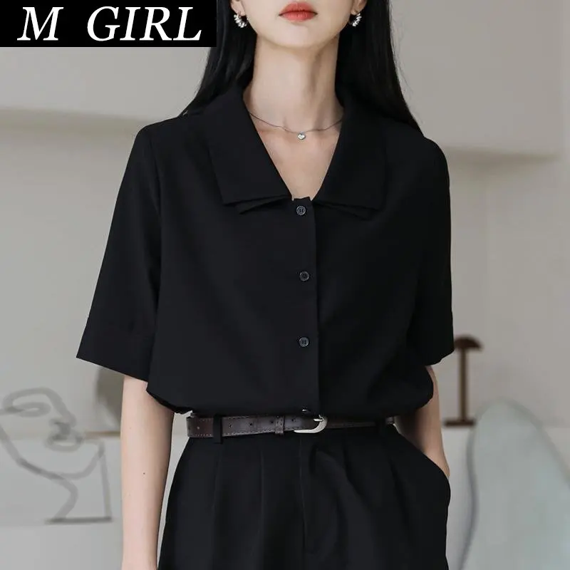 

M GIRLS Black Shirts Women Summer Unisex Simple Chic Half Sleeve Basic Schoolgirls Tops All-match Straight Clothes Hot Sale Vint