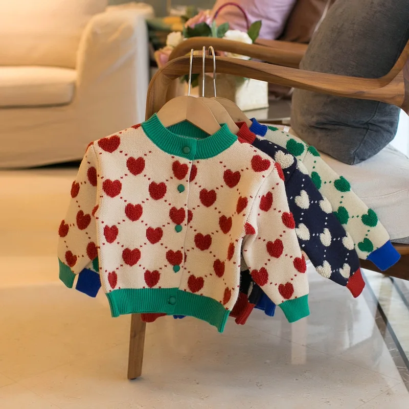 

Kids Sweaters Heart Jacquard Girls Cardigans Single Breast Knitwear