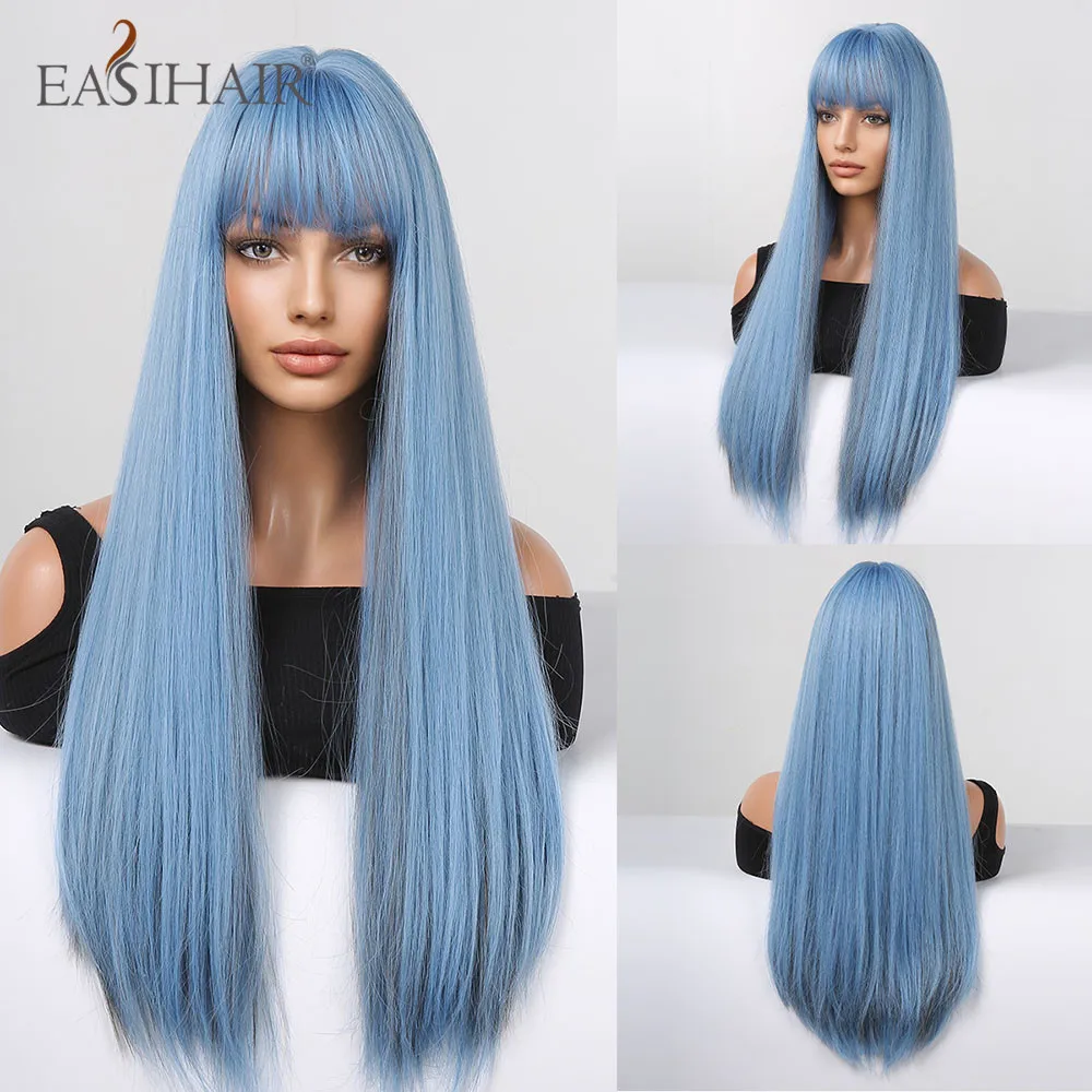 

EASIHAIR Long Straight Synthetic Wigs with Bangs Blue Mixed Gray Cosplay Hair Wig for Women Party Natural Heat Resistant Fiber