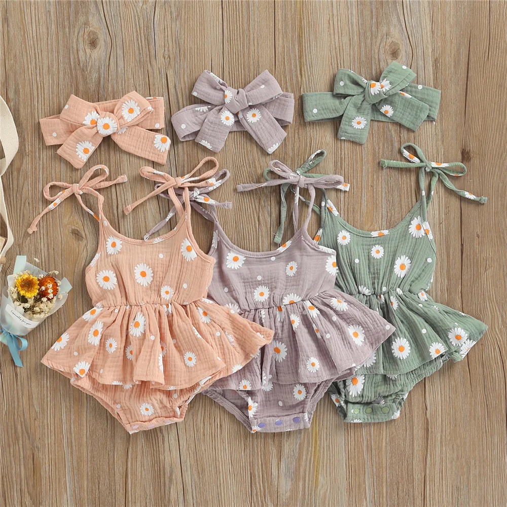 0-24 Months Baby Girls Summer 2 Piece Sets Toddler Cute Floral Daisy Print Sleeveless Tie-up Romper Bodysuit With Headband