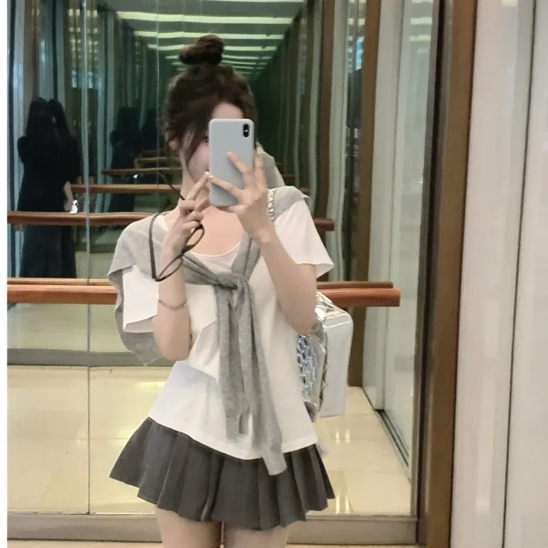 Однотонная футболка с коротким рукавом летний белый топ в стиле преппи вязаная