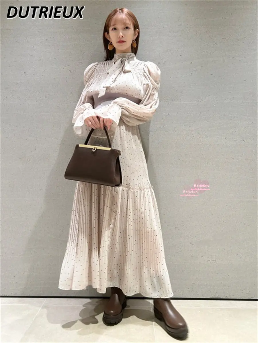 Gentle Elegant Style Printed Bubble Long Sleeve Dress Patchwork Waist-Slimming Slimming Large Hem Chiffon Mid-length Dress