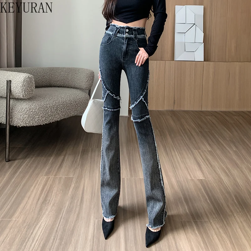 

Женские джинсы-бойфренды с градиентной строчкой, облегающие пикантные длинные джинсовые брюки в Корейском стиле, джинсы с высокой талией для мам, Y2k