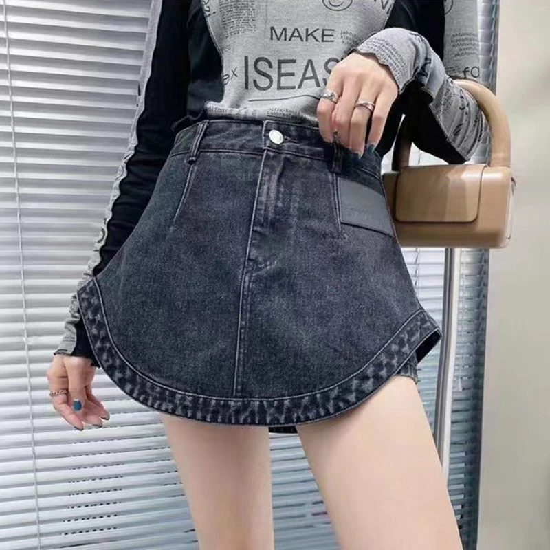 Denim Skirt Women's 2023 Summer New High Waist Anti glare Lined A-Line Skirt Pants  denim skirt   jean skirt