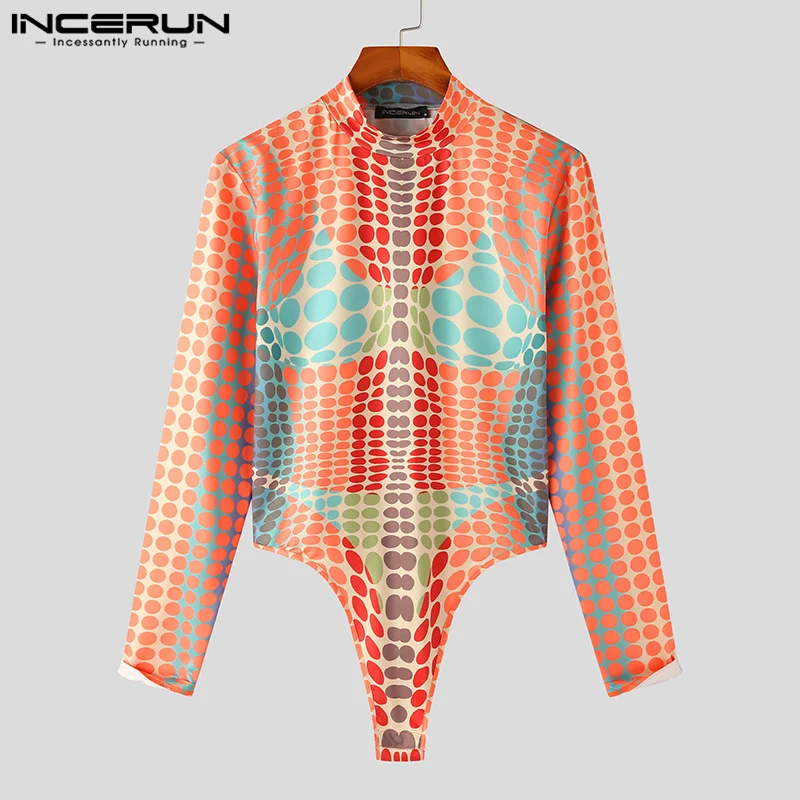 2023 Men Bodysuits 3D Printing Turtleneck Long Sleeve Male Rompers T Shirts Streetwear Fitness Fashion Bodysuit S-5XL INCERUN