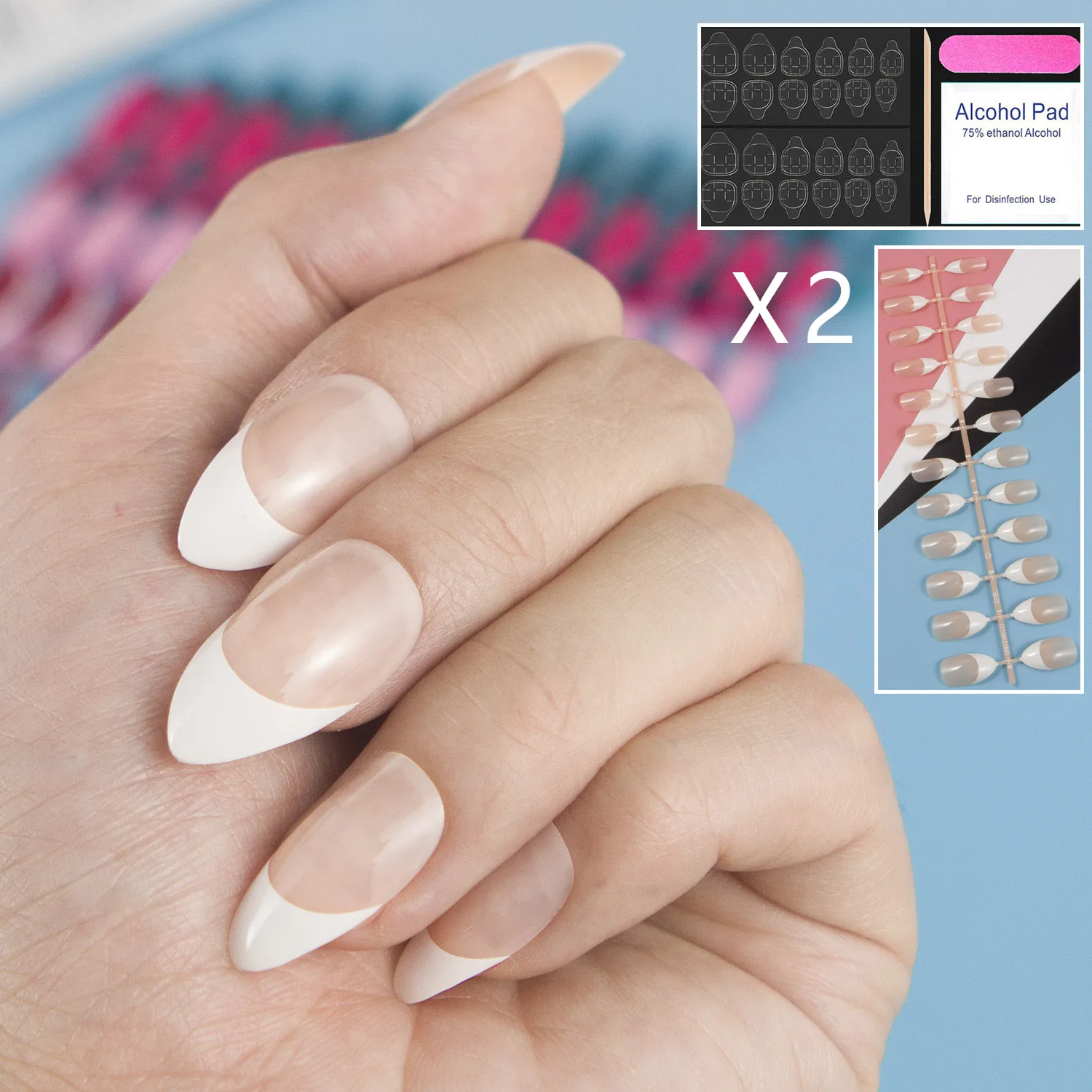 

(Купите 2 комплекта, чтобы сэкономить на доставке) с наклейкой для ногтей 2 комплекта миндальных французских накладных ногтей УФ-покрытие до...