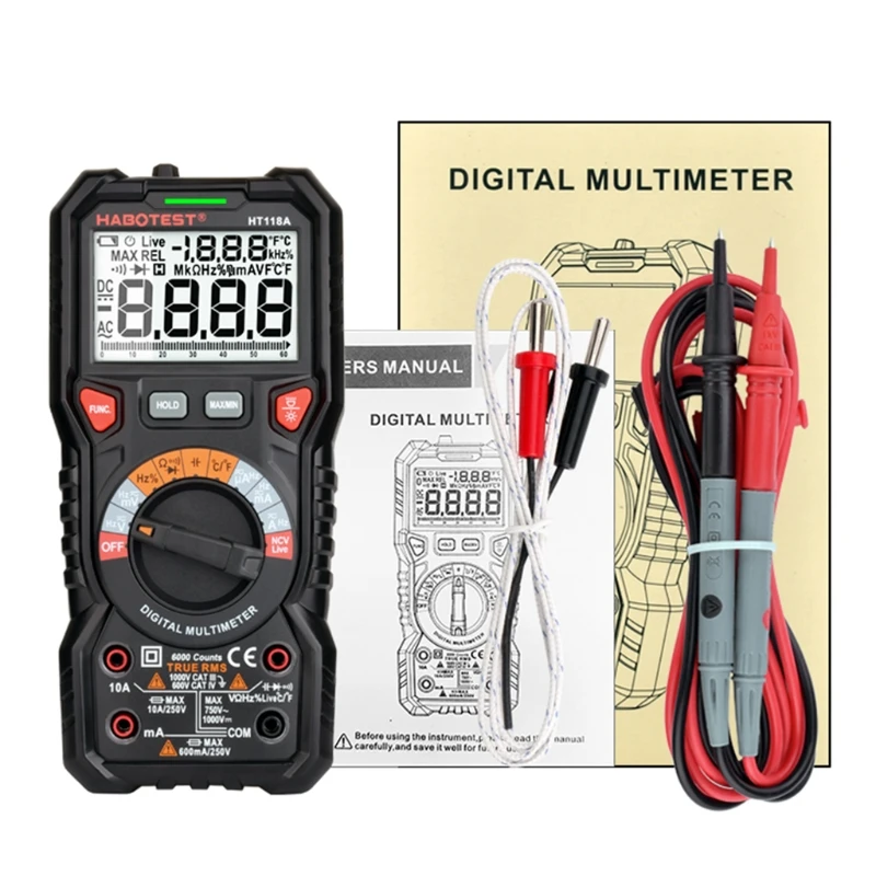 

HT118A Multifunctional Digital Multimeter 6000 Counts True RMS Measuring Voltage Current Frequency Temperature NCV Test