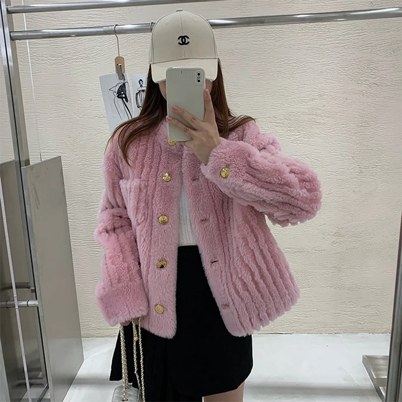2022 Women Winter Short Jacket Girl's Real Fur Coat Natural Lamb Wool Thick Stand-up Collar Warm Pocket Streetwear Outerwear