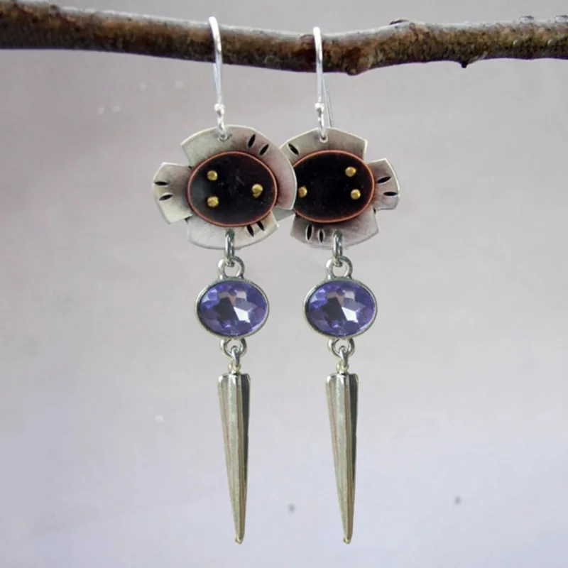 

Vintage Womens Handmade Jewelry Flower Dangle Earrings Silver Color Metal Inlay Purple Stone Earring Pendientes para mujeres