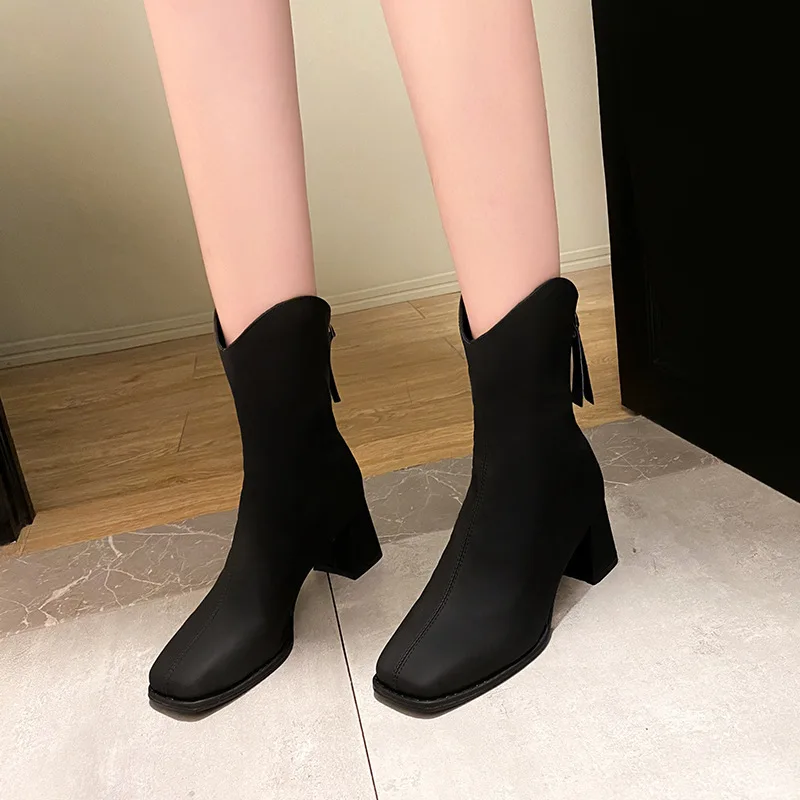

Womens Square Toe Boots New British Style Rear Zipper Casual Thick Heel Short Tube 's