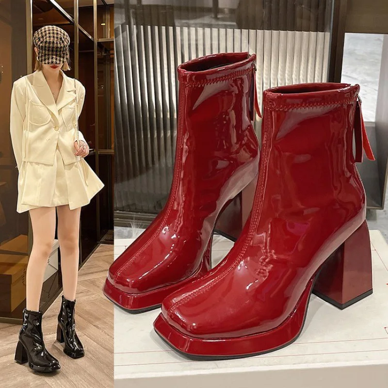 Женские ботильоны из лакированной кожи красные ботинки на платформе и толстом
