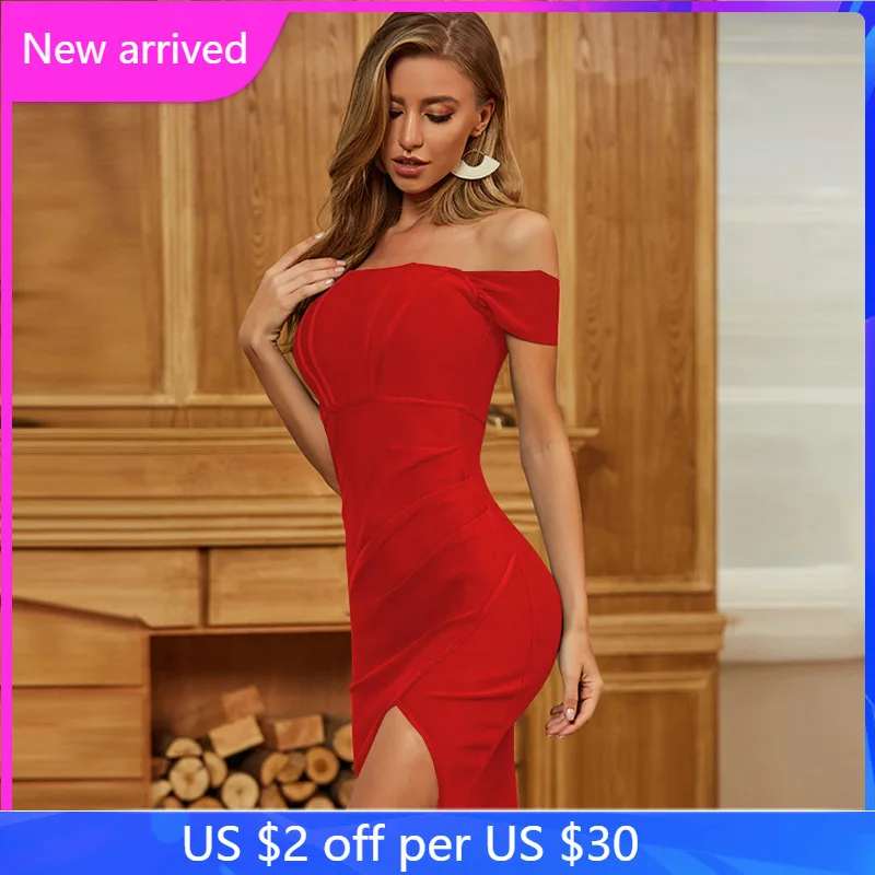 Spring New Slim Bodycon Dress One-shoulder Red Slit Evening Dress