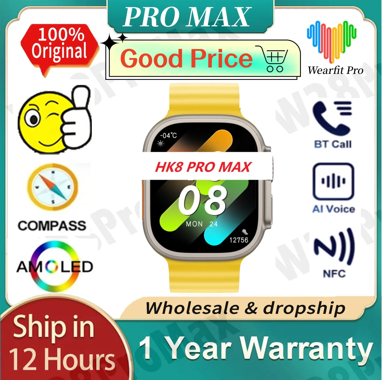 HK8 PRO MAX Ultra Smart Watch Men Series 8 Ultra AMOLED Compass Voice Assistant 49mm Bluetoth Call NFC Original Smartwatch Women
