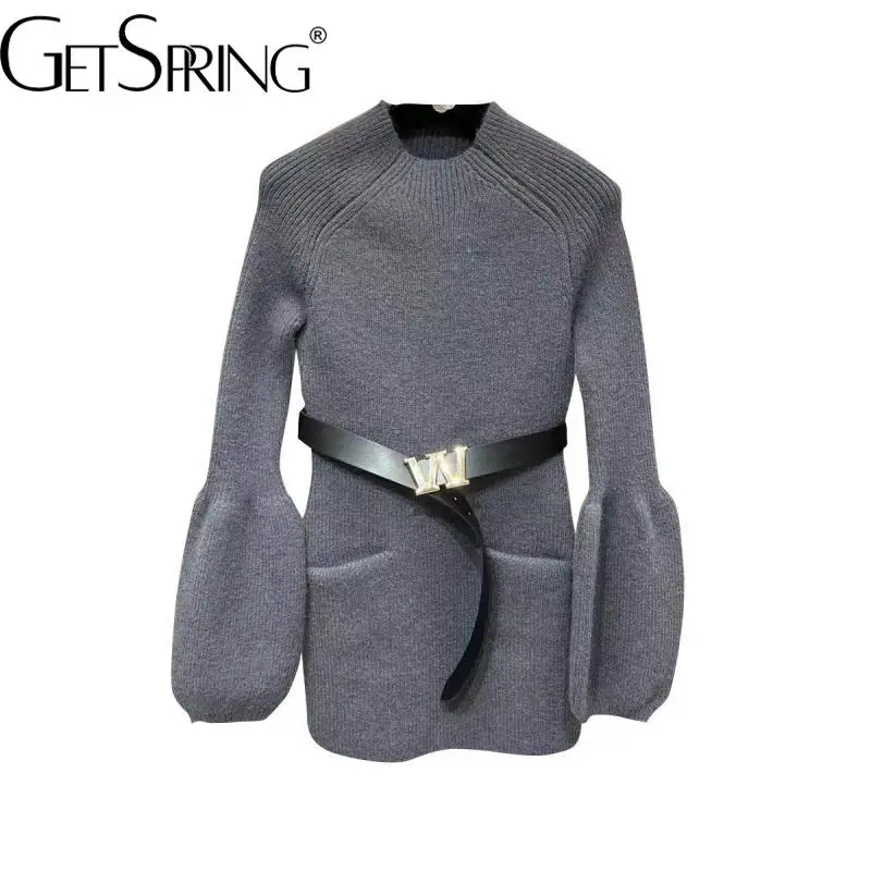 

GetSpring женский свитер с пышными рукавами, воротник-стойка, вязаный свитер с поясом, универсальные пуловеры, осенне-зимние топы 2022