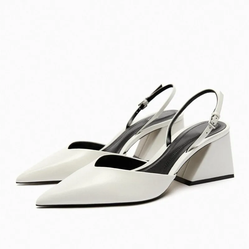 TRAF White Block Heel Pumps For Women Pointed toe Slingback Court Shoes Summer Heels Female Elegant Wedding Pump Heeled Sandals