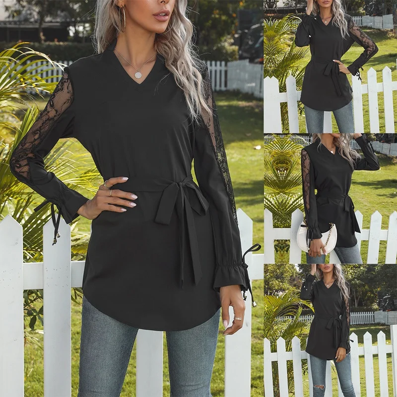 

Women's Long-Sleeve Pullover Solid Color Stitching Stand-Collar Lace Tie Shirt