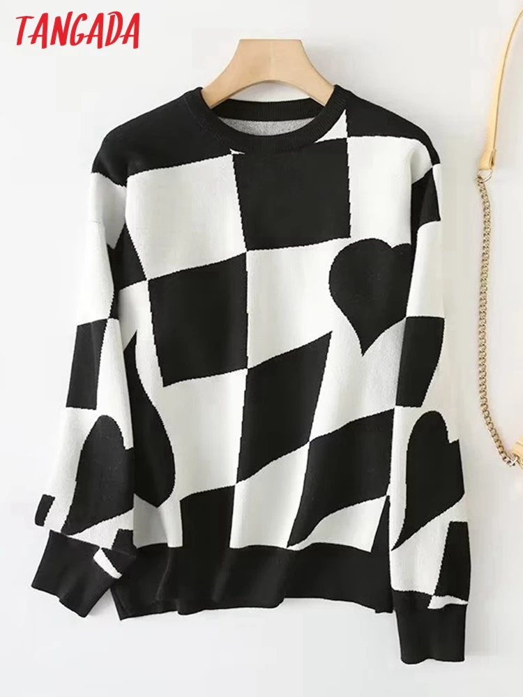 

Tangada Women 2022 Autumn Winter Heart Knitted Sweater Jumper Female Pullovers YU315