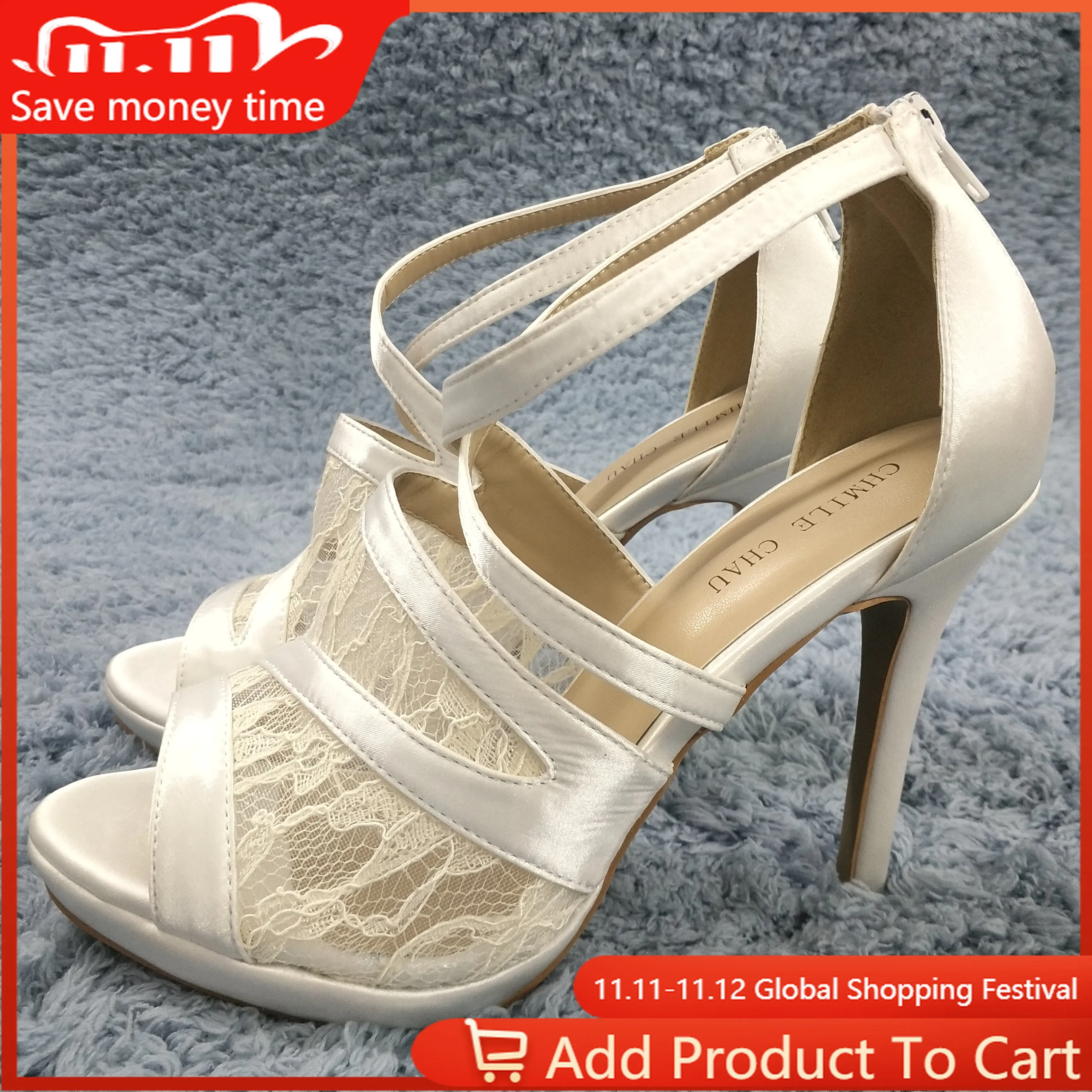 

Women Stiletto Thin High Heel Sandal Elegant Peep Toe Zip Ivory Satin Lace Wedding Party Bridals Ball Lady Shoe 0640A-14