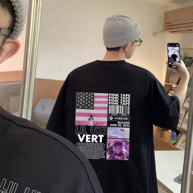 

Rapper Lil Uzi Vert Pink Tape Graphic T Shirts Men Hip Hop Rock Style T-shirt Male Fashion Streetwear Unisex Oversized Tshirt