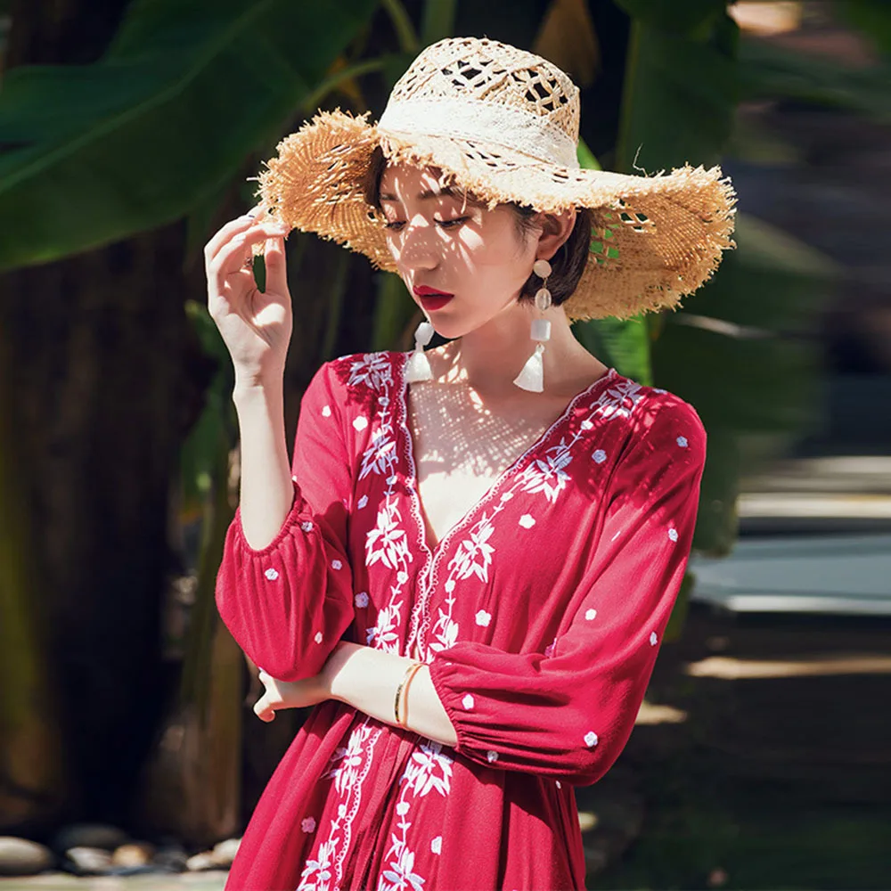 

Summer Boho Vintage Beach Long Dress Swimwear 2022 Ladies Cotton Slim Casual Tunics Kaftan Beach Dress Embroidery Holiday Dress