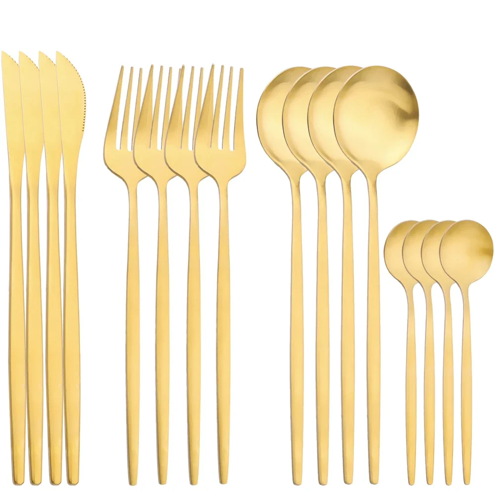 16Pcs Gold Stainless Steel Cutlery Set Knife Fork Spoon Dinnerware Matte Tableware Set Wedding Birthday Silverware Dinner