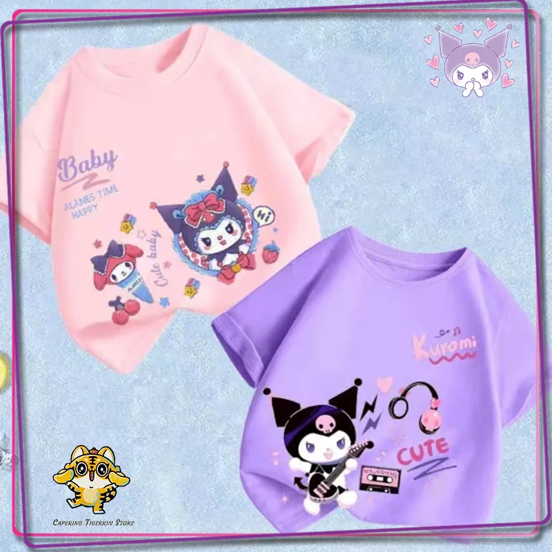 

Футболка Sanrio Kuromi Kawaii с аниме тематикой, детская одежда, детская мультяшная Мода, летняя одежда с коротким рукавом, верхняя одежда