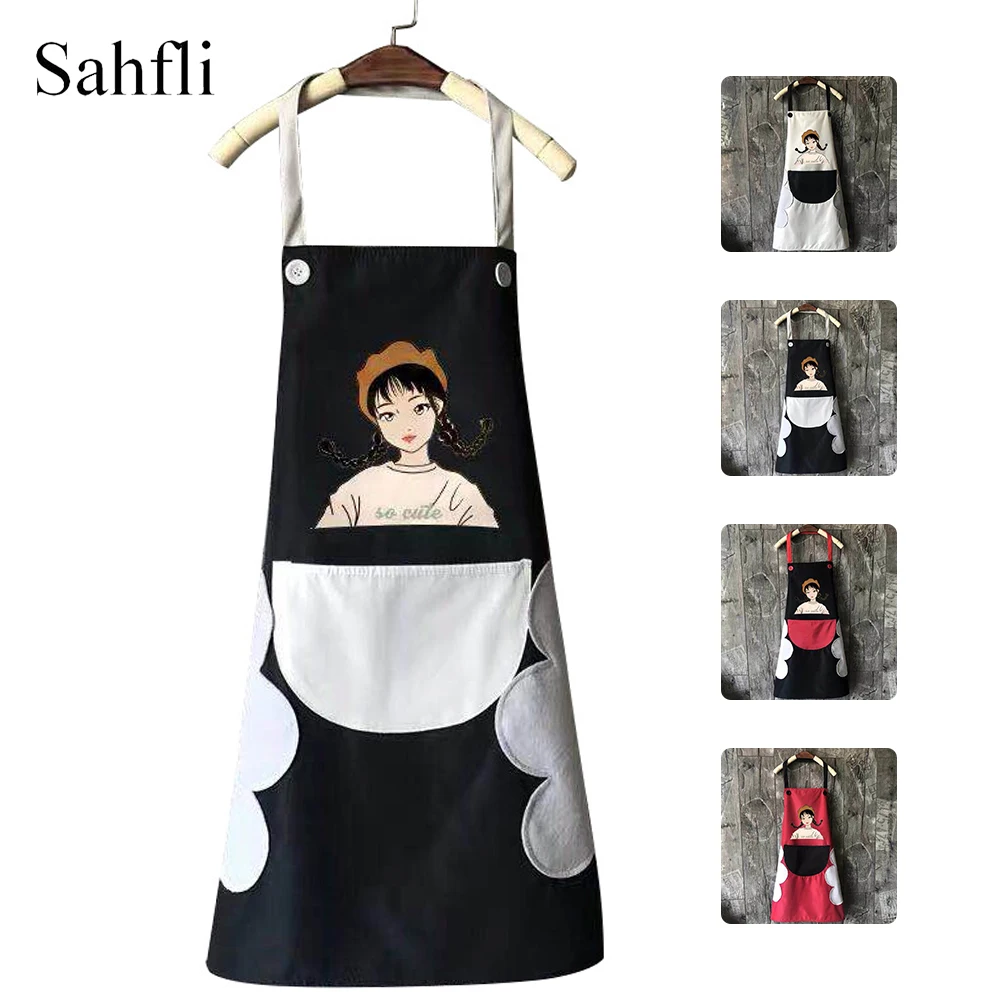 

Kitchen Cleaner Cartoon Girl Sleeveless Waterproof Multi-Color Sleeveless Apron with Oversized Pockets and Plush Hand Wipe Area
