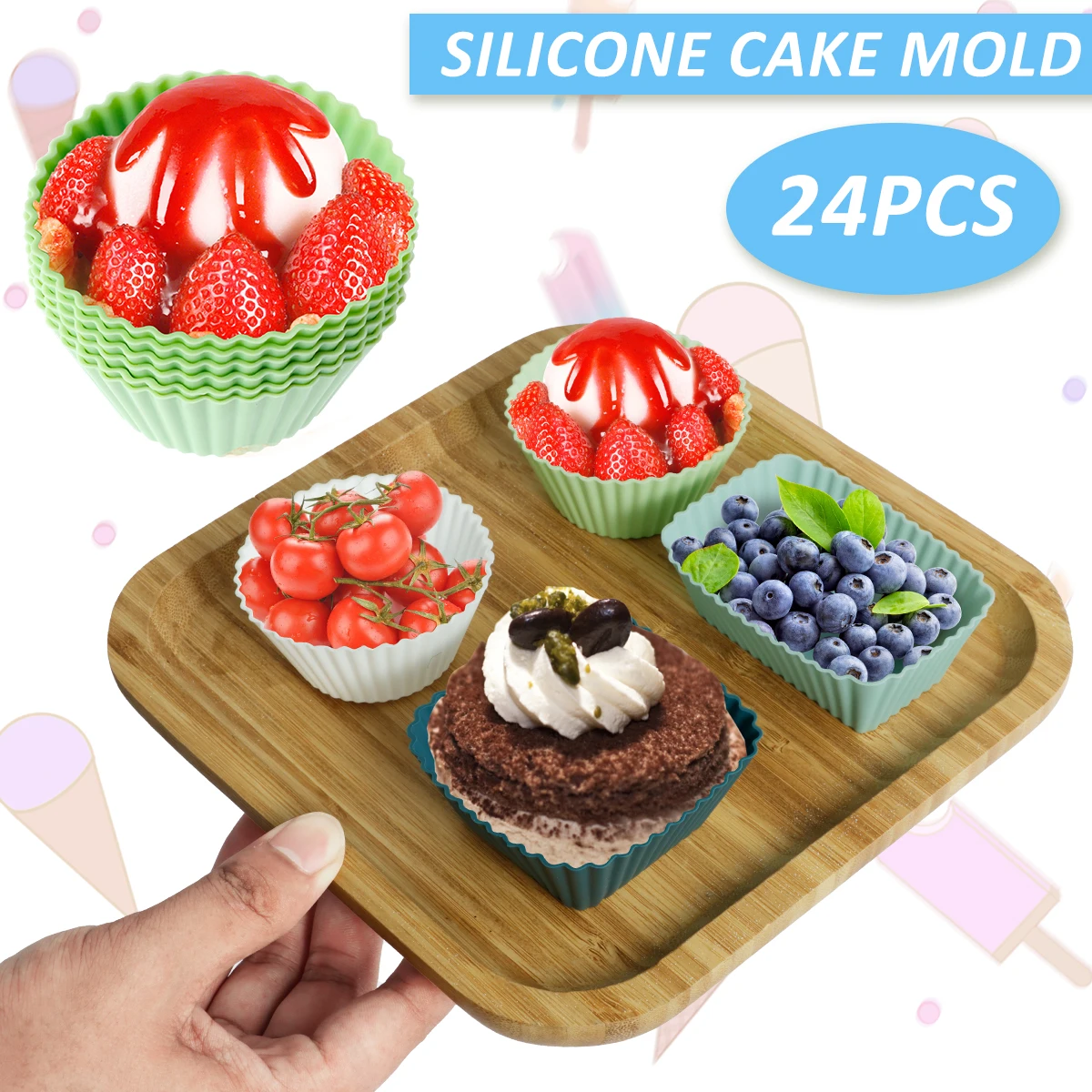 

24Pcs Silicone Cake Mold Reusable Round Square Rectangle Muffin Baking Mold Non-Stick Silicone Baking Cup Heat Resistant Mini