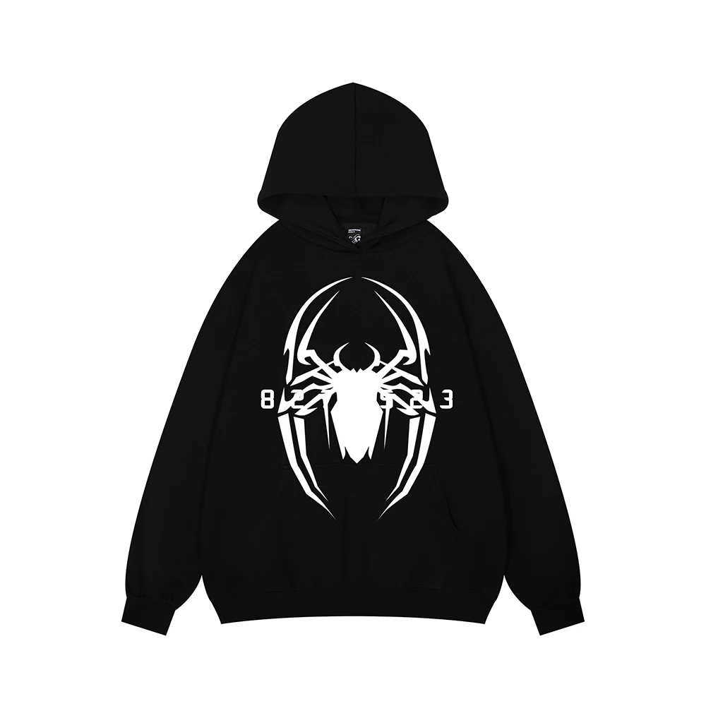 

Big Spider Print White BLack Men's Pullovers Hoodies Unisex High Street Retro Ropa Hombre Baggy Hooded Sweatshirts Y2k Sudaderas