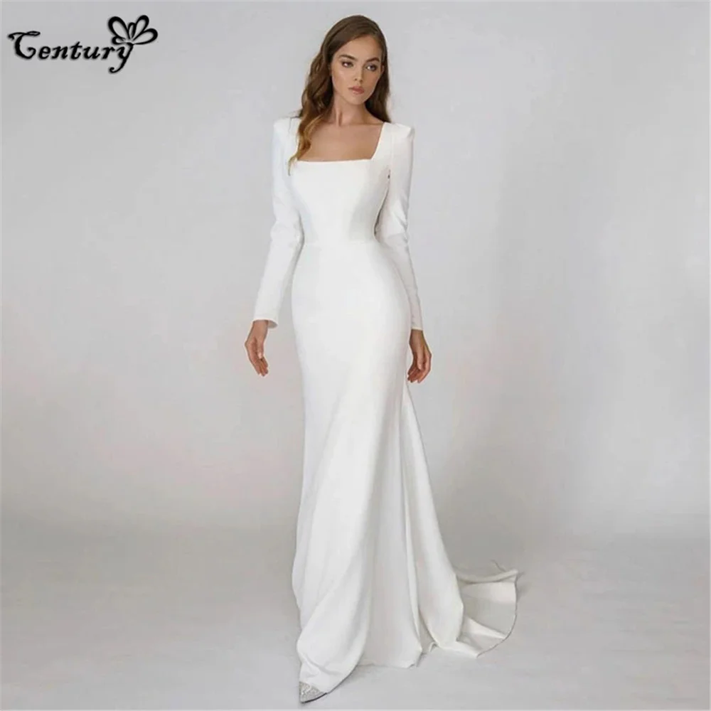 

Casual Mermaid Wedding Dress for Women 2023 Bride Square Neck Backless Long Sleeve Crepe Simple Bridal Gowns Robe de Mariee