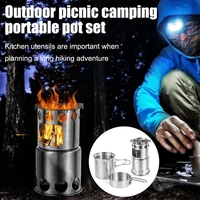 silver color camping equipment portable hiking folding stove pot camping stove stainless steel with mesh bag
