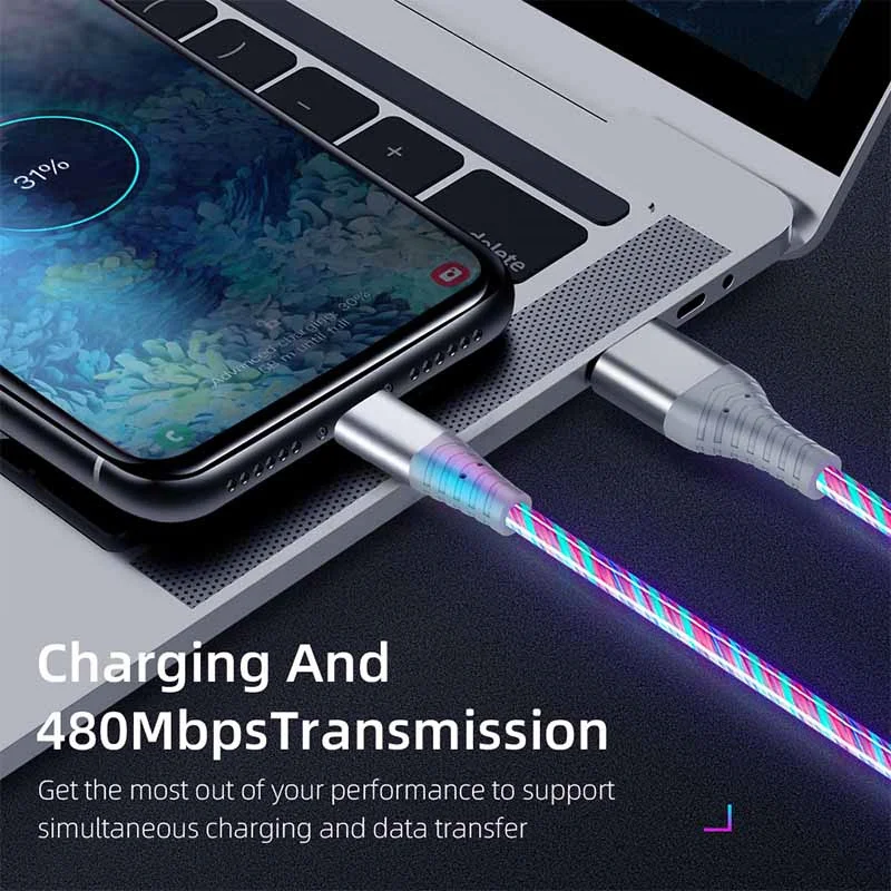 Flow Luminous USB Type C Cable 3A Fast Charging Data Cord for Samsung Xiaomi OPPO Huawei IPhone Charger Micro USB Wire LED Cable images - 6