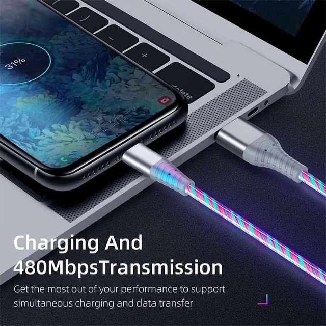 Flow Luminous USB Type C Cable 3A Fast Charging Data Cord for Samsung Xiaomi OPPO Huawei IPhone Charger Micro USB Wire LED Cable 6
