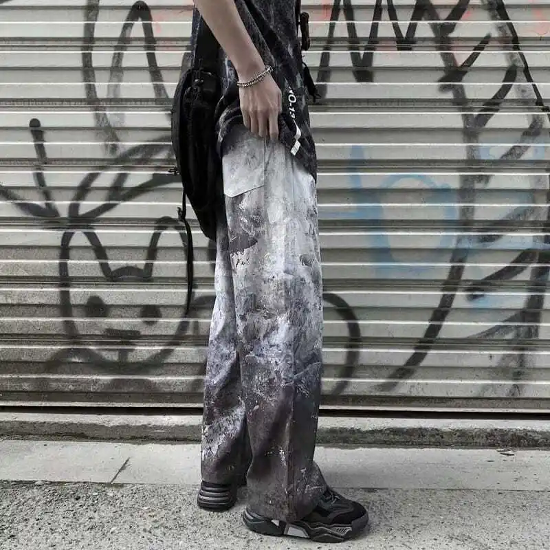 

Streetwear Wide Leg Oversize Pants Tie-dye Casual Straight Pants Men Techwear Baggy Full-length Long Trousers 2023 Fashion New