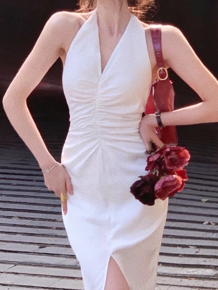 

Летнее элегантное женское белое платье с лямкой на шее, пикантное облегающее платье без рукавов, женское модное платье из ткани для выпускного вечера и дня рождения