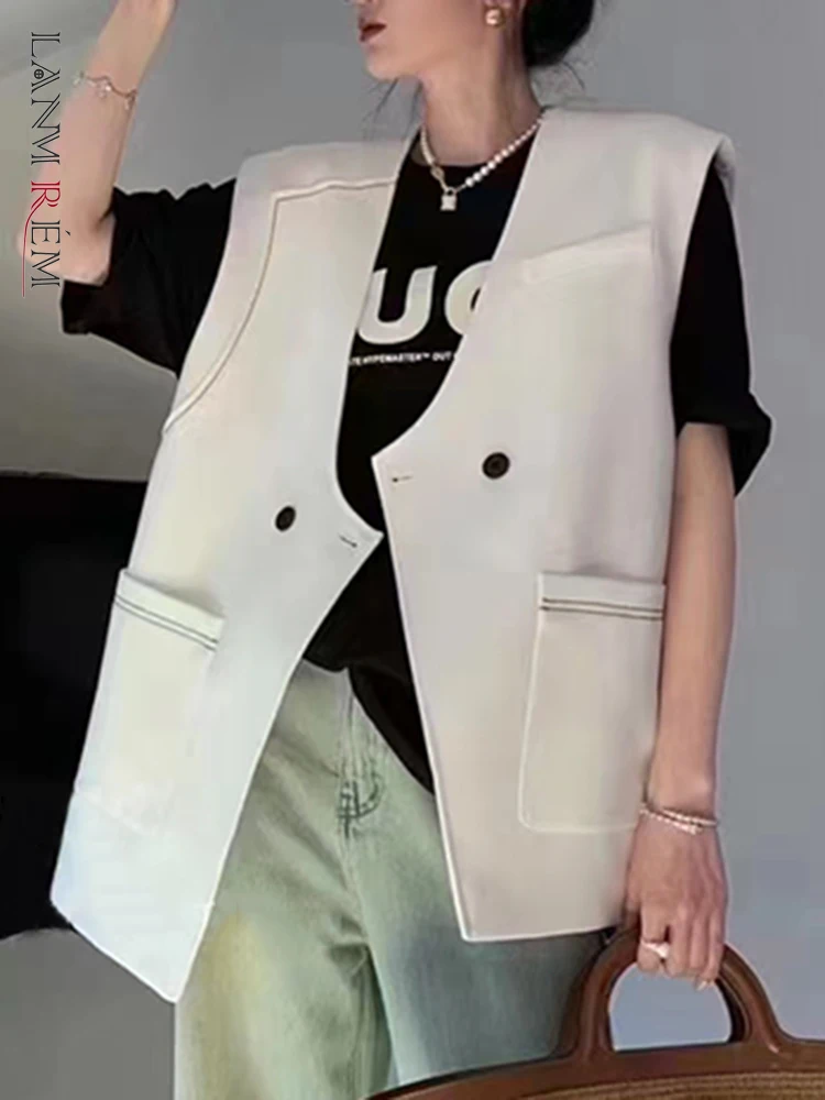 

LANMREM Designer Vest Coat For Women Sleeveless Double Buttons Solid Patchwork Coats High End Female Clothing 2023 New 2YA3147