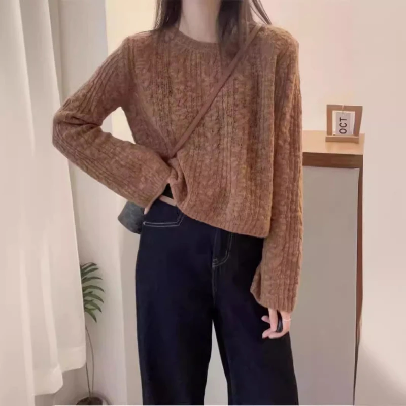 Весенне-осенний новый однотонный модный свитер с круглым вырезом и длинными