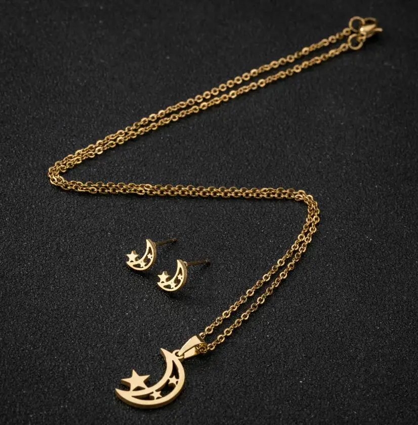 

Star Moon Necklace Set New Stainless Steel Hollow Star Moon Earrings Pendant Set Clavicle Chain Personality Accessories